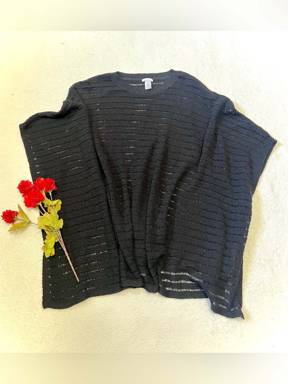J. Jill Black Open-Stitch Knit Asymmetrical Poncho Sweater - XL-3X